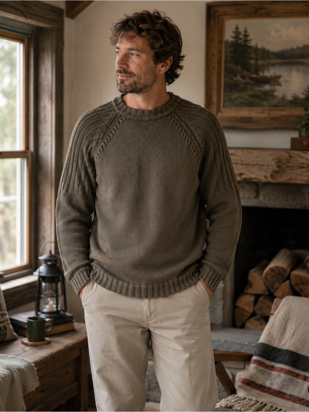 Woolrich Cotton Ramie Knit Sweater Dark Shame Green Men Large Cabin Grandpacore
